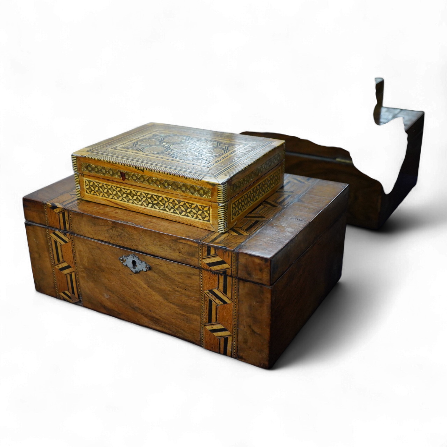 A Victorian walnut and parquetry box, a small group of minerals and an inlaid box, largest 30cm